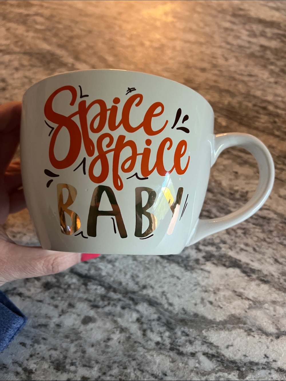 Spice Spice Baby Cream Ceramic Coffee Mug with Orange and Gold Lettering EUC